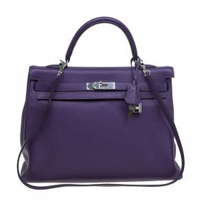 Hermes Purple Clemence Leather Palladium Hardware Kelly Retourne 35 Bag