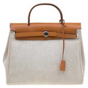 Pre Owned Hermes Tan/Beige Leather and Canvas Herbag 2 in 1