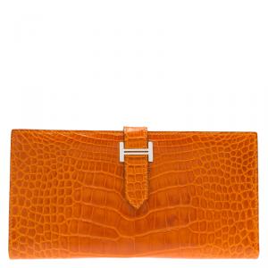 Pre Owned Hermes Orange Alligator Bearn Gusset Wallet