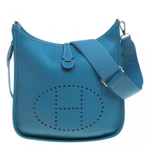 Pre Owned Hermes Blue Jean Clemence Leather Evelyne III PM Bag