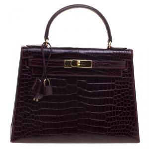 Pre Owned Hermes Dark Marron Crocodile Gold Hardware Kelly Sellier 28 Bag
