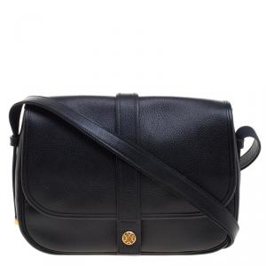 Pre Owned Hermes Black Leather Vintage Flap Shoulder Bag