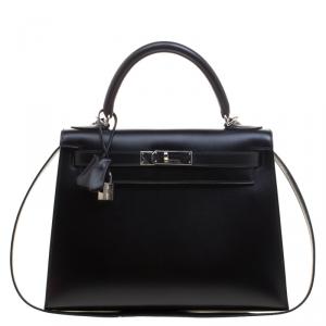 Pre Owned Hermes Black Box Calf Leather Palladium Hardware Kelly Sellier 28 Bag