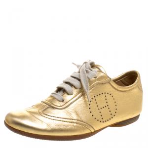 Hermes Gold Metallic Leather Pewter Perforated H Lace Up Sneakers Size 38