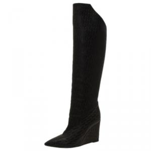 Hermes Black Monogram Leather Wedge Tall Boots Size 36 