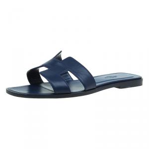 Hermes Navy Blue Leather Oran Sandals Size 39