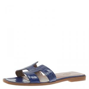 Hermes Blue Croc Embossed Oran Box Sandals Size 37.5