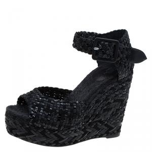 Hermes Black Braided Raffia Platform Wedges Size 38