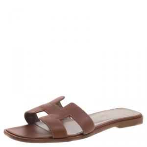 Hermes Brown Leather Oran Sandals Size 38