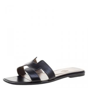 Hermes Black Leather Oran Sandals Size 39