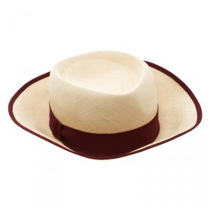 مملوكة مسبقًا قبعة هيرمس باناما مزينة بشريط  مجدول بني محمر باسكيت بيج مقاس 58