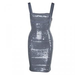Herve Leger Grey All Over Sequin Embroidered Sleeveless Bandage Dress S
