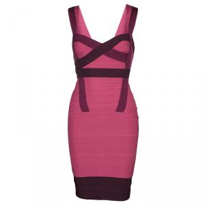 Herve Leger Pink Knit Tonal Panel Detail Double Strap Bandage Dress S