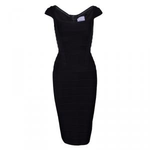 Herve Leger Black Knit Cap Sleeve Bandage Dress XXS