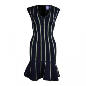Herve Leger Navy Blue Knit Flared Bottom Bodycon Dress XS