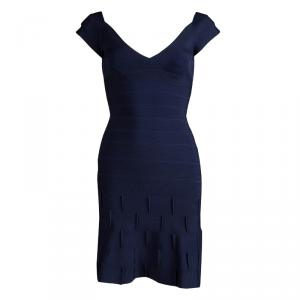 Herve Leger Navy Blue Knit Flared Bottom Bandage Dress S