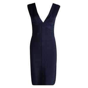 Herve Leger Blue Night V-Neck Bandage Dress M