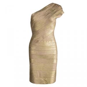 Herve Leger Metallic Coated One Shoulder Bandage Dress M
