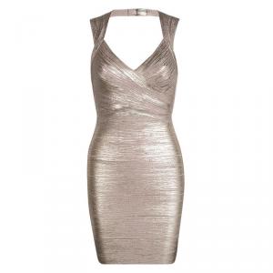 Herve Leger Gold Metallic Coated Sleeveless Bandage Dress S