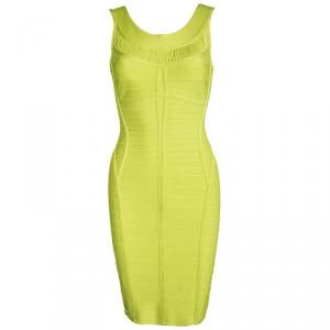 Herve Leger Electric Lime Alabaster Fringe Panel Detail Ysabel Bandage Dress S