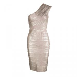 Herve Leger Metallic Coated One Shoulder Josephine Bandage Dress M