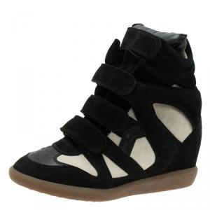 Pre Owned Isabel Marant Black and White Suede and Leather Bekett Wedge Sneakers Size 38