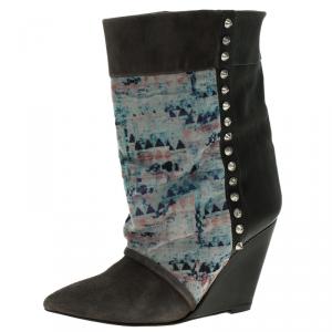 Pre Owned Isabel Marant Grey Suede, Leather and Corduroy Kate Wedge Ankle Boots Size 38