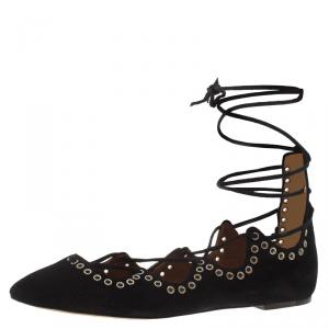 Isabel Marant Black Suede Leo Eyelet Lace-Up Ballet Flats Size 37