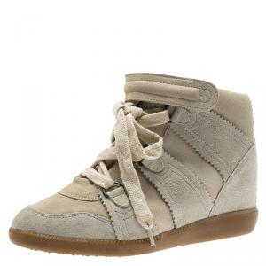 Pre Owned Isabel Marant Off -White Suede Bobby Lace Up Wedge Sneakers Size 37