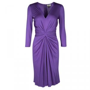 Issa Purple Silk Jersey Gathered Long Sleeve Dress M