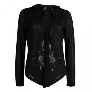 Jean Paul Gaultier Black Knit Applique Detail Hooded Sheer Cardigan M