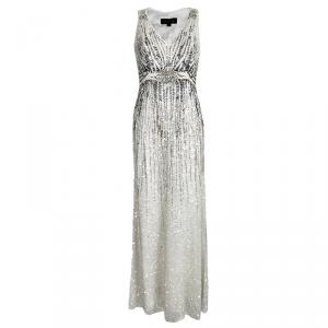 Jenny Packham Off White Sequin Embellished Beaded Sleeveless Gown M