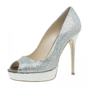 Pre Owned Jimmy Choo Silver Glitter Crown Peep Toe Platform Pumps Size 38