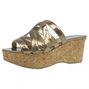Pre Owned Jimmy Choo Metallic Gold Leather and Cork Wedge Slides Size 37.5