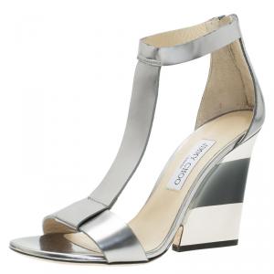 Pre Owned Jimmy Choo Silver Metallic Leather T-Strap Milan Wedge Sandals Size 40