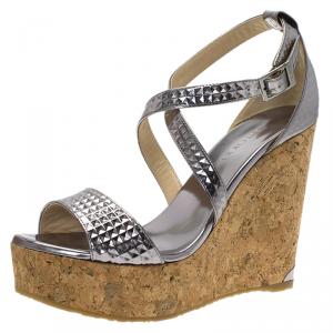 Pre Owned Jimmy Choo Silver Embossed Leather Portia Cork Wedge Sandals Size 39