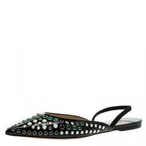 Pre Owned Jimmy Choo Black Embellished Leather Genoa Pointed Toe Slingback Flat Sandals Size 39.5