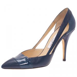 Pre Owned Jimmy Choo Navy Blue Leather Cap Toe Pumps Size 38