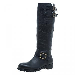 Pre Owned Jimmy Choo Black Wrinkled Leather Yule Biker Boots Size 40.5