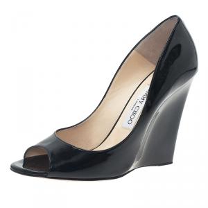 Pre Owned Jimmy Choo Black Patent Baxen Peep Toe Wedge Pumps Size 38.5