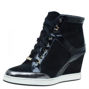 Pre Owned Jimmy Choo Black Patent Leather and Suede Panama Wedge Sneakers Size 37.5