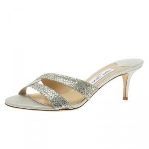 Pre Owned Jimmy Choo Silver Metallic Leather and Glitter Fabric Sandals Size 41