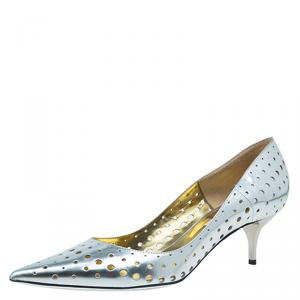 Pre Owned Jimmy Choo Silver Mirror Perforated Leather Mime Pumps Size 40.5