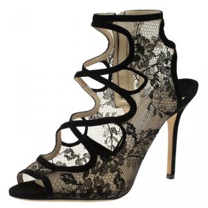 Pre Owned Jimmy Choo Black Cutout Suede and Lace Jalislo Sandals Size 39.5