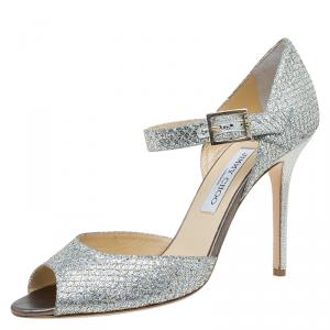 Pre Owned Jimmy Choo Silver Glitter Lace Mary Jane Pumps Size 41