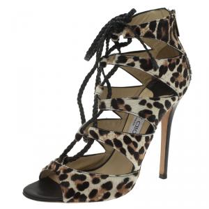 مملوكة مسبقًا Jimmy Choo Leopard Calf Hair Gladys Lace Up sandals Size 38.5