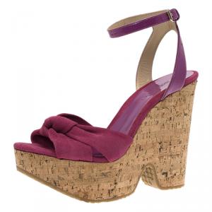 Pre Owned Jimmy Choo Pink Suede and Patent Leather Gleam Cork Wedge Sandals Size 38.5