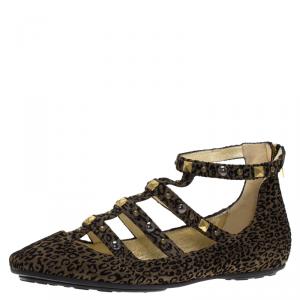 مملوكة مسبقًا Jimmy Choo Brown Leopard Print Studded Suede Walton Gladiator Flats Size 38.5