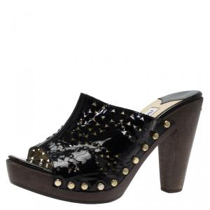 Pre Owned Jimmy Choo Black Patent Laser Cut Leather Wooden Slides Size 39.5