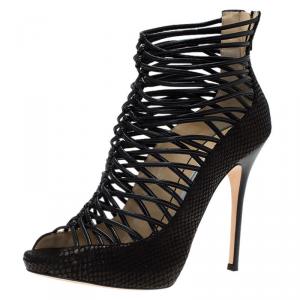 Pre Owned Jimmy Choo Black Snakeskin Embossed Quito Open Toe Ankle Boots Size 41